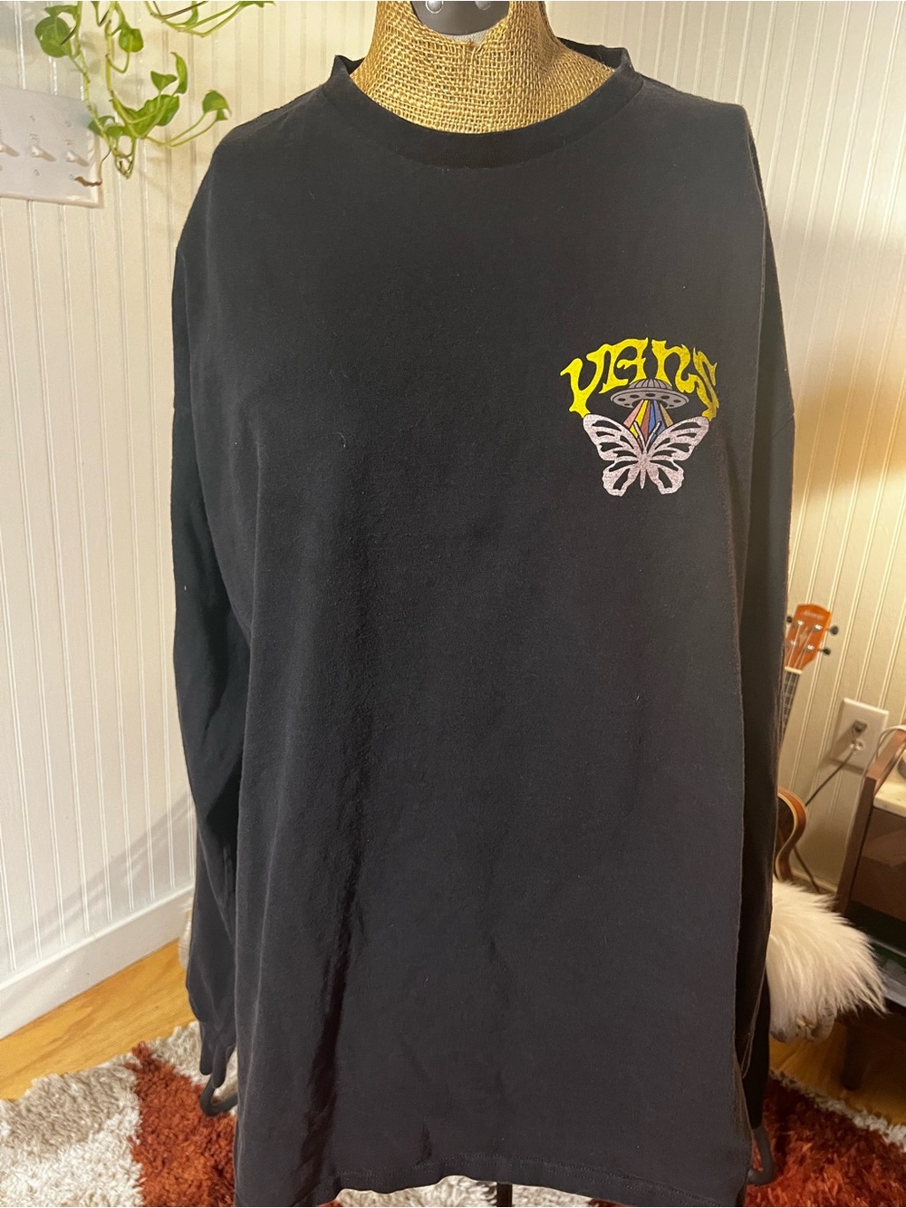 Black Long-Sleeve Graphic Vans Tee with Butterfly Logo
